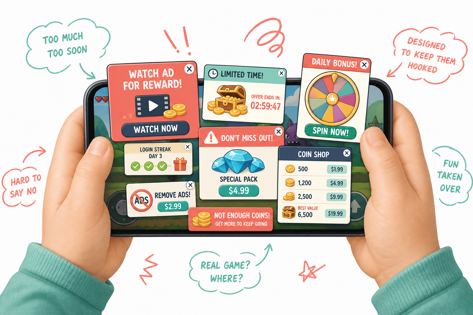 Illustration of a phone buried under ads and purchase prompts