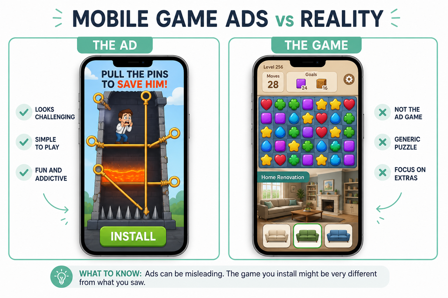 Illustration comparing a pin-pulling ad to a match-3 game