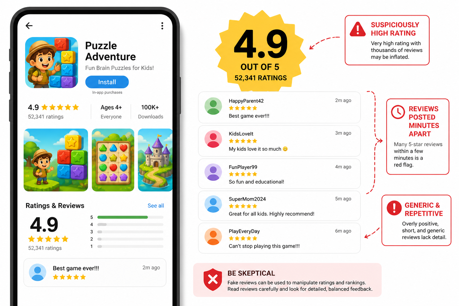 Illustration of an app listing with suspiciously perfect five-star reviews