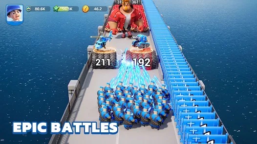Mobile game ad showing a blue army running through multiplier gates toward a giant boss, with the caption EPIC BATTLES