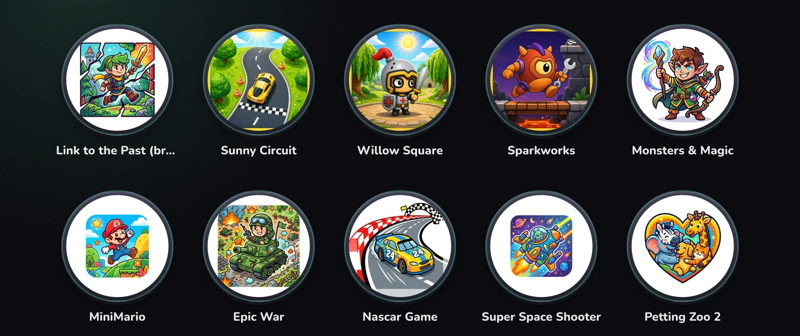Arcade grid of kid-made games, including Willow Square, racers, and adventures