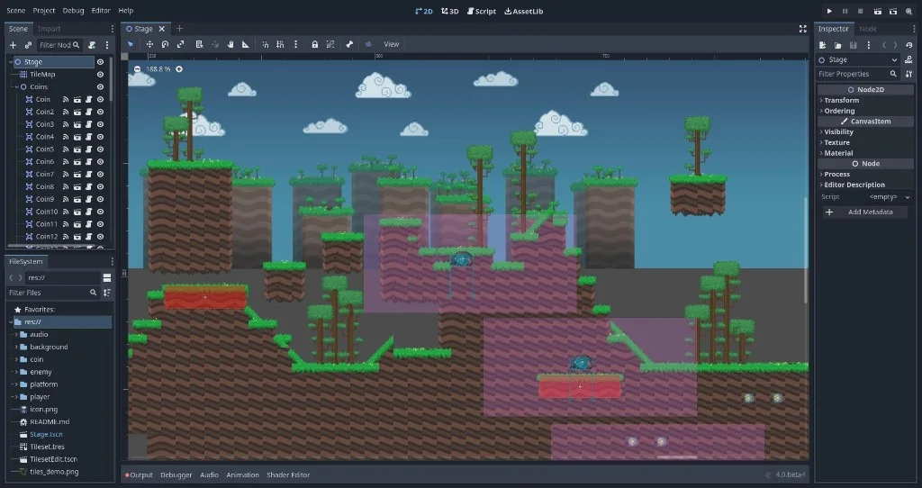 Godot editor showing a 2D platformer scene, file list, and inspector