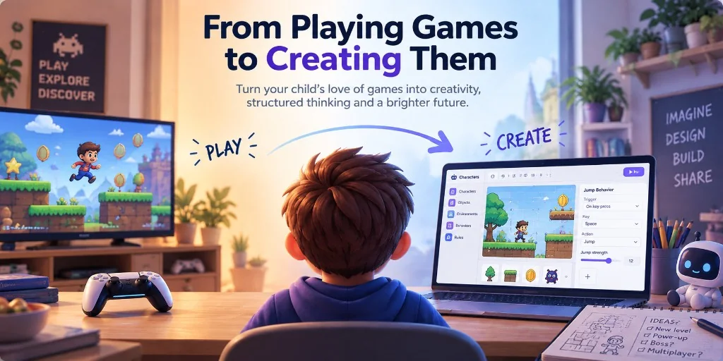 Illustration of a child turning from playing a game on TV to creating one on a laptop