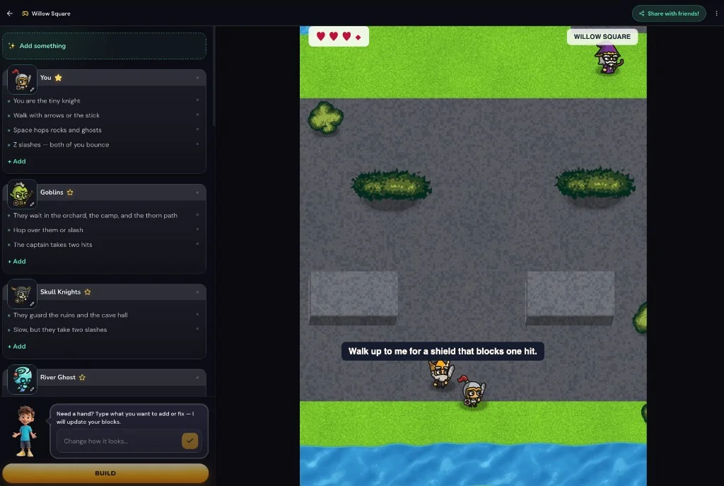 Makerplay Game Board with character cards on the left and a playable top-down knight game on the right