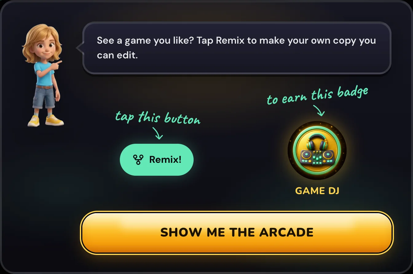 Makerplay coach introducing Remix: tap Remix to copy a game you like and edit it
