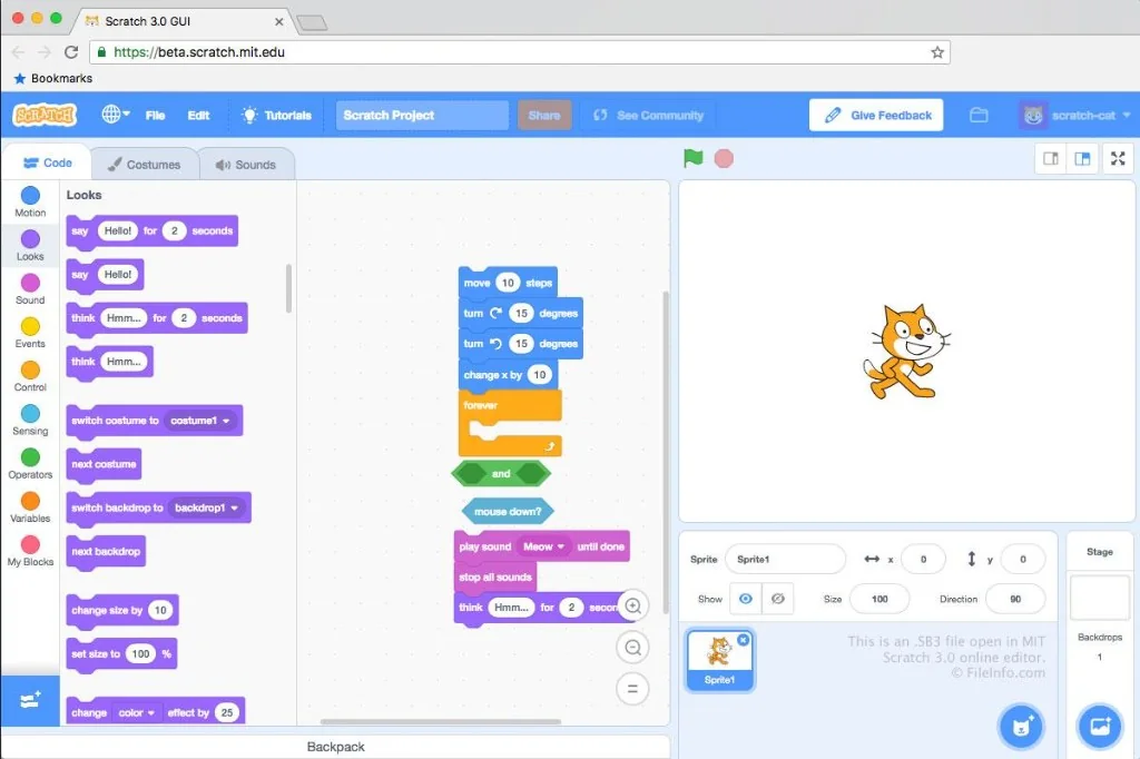 Scratch editor with colorful programming blocks and the Scratch cat sprite