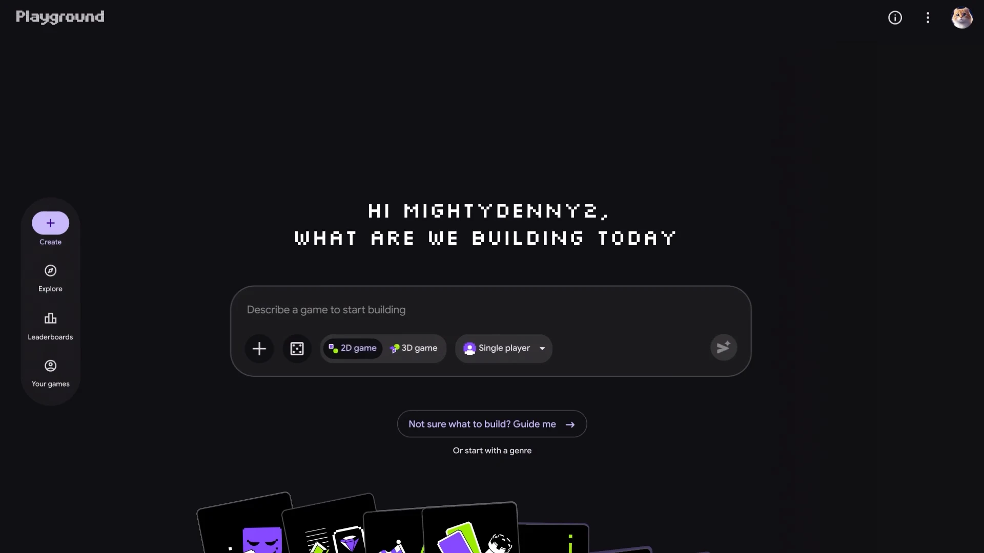 Google Playground creation interface with a game prompt and 2D and 3D options