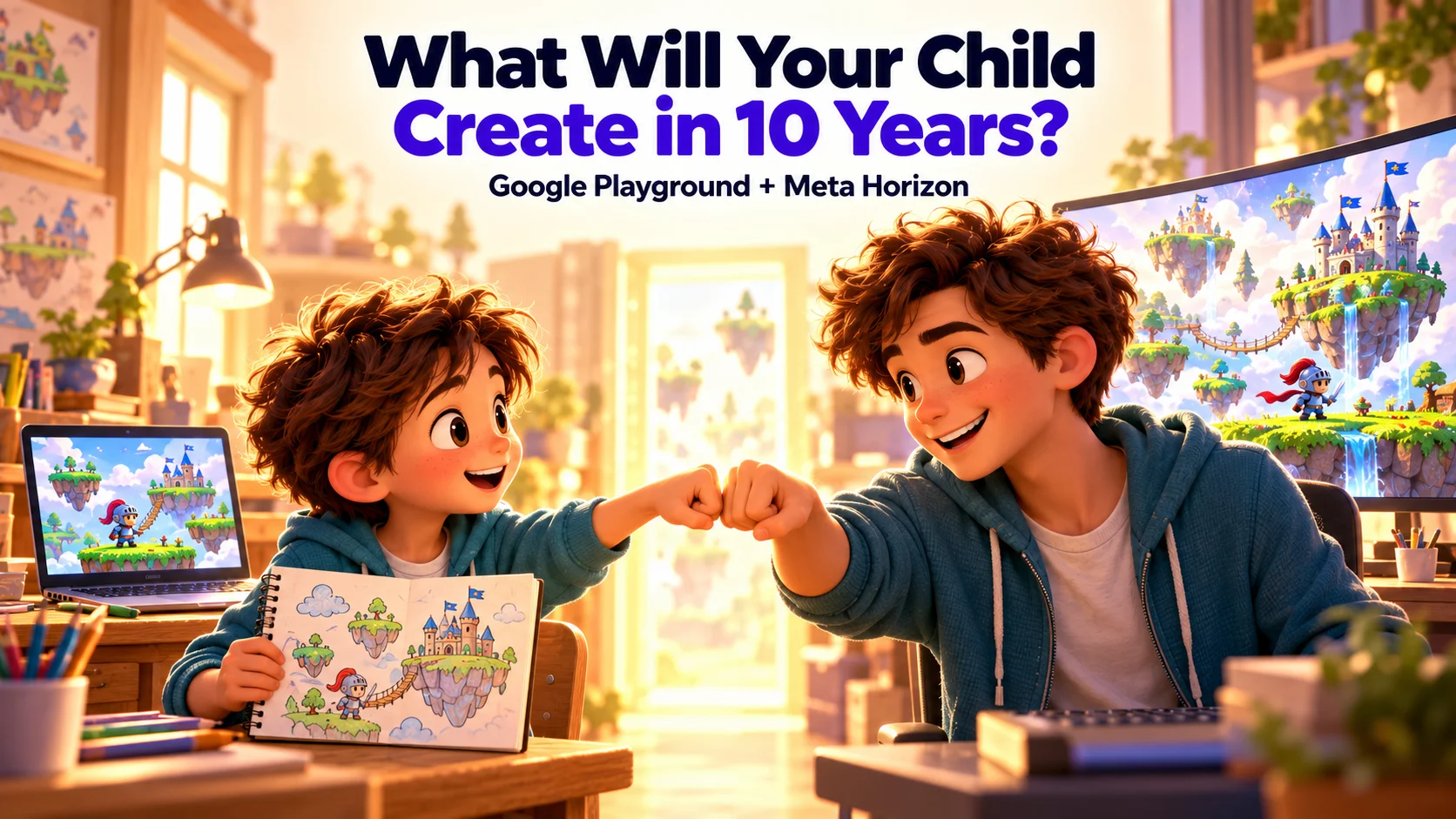 A young game creator fist-bumps his older self, with the headline What Will Your Child Create in 10 Years?