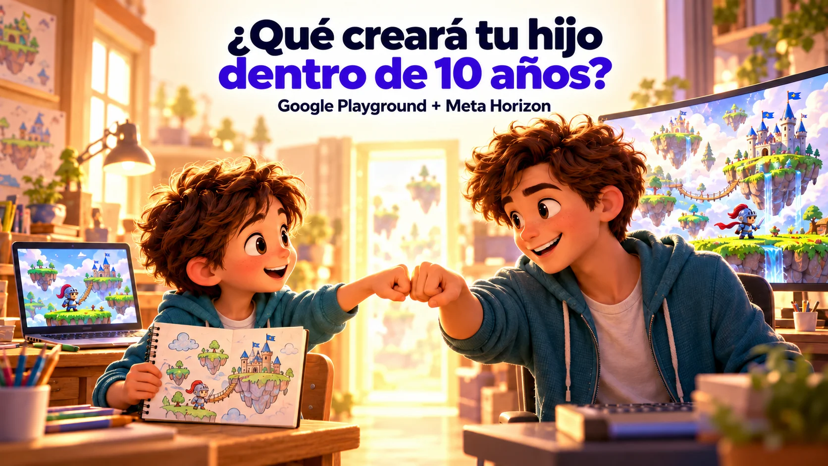 Un joven creador de juegos choca el puño con su yo del futuro, bajo el título ¿Qué creará tu hijo dentro de 10 años?