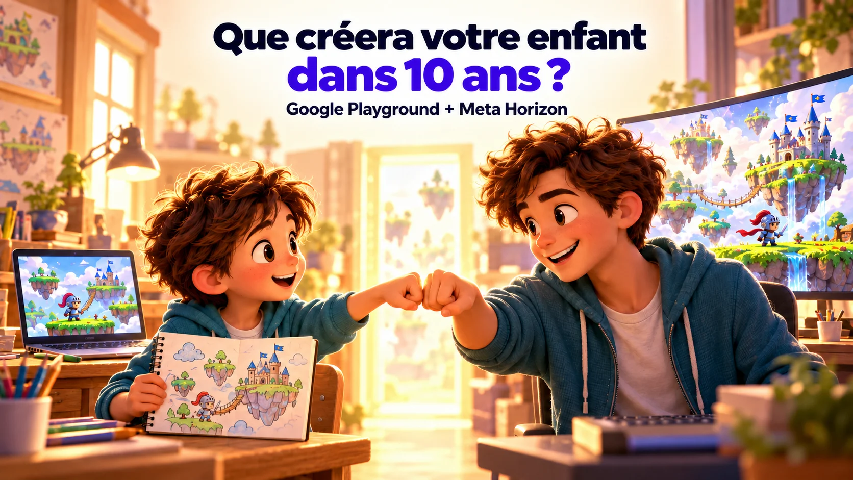 Un jeune créateur de jeux fait un check du poing avec son futur lui, sous le titre Que créera votre enfant dans 10 ans ?