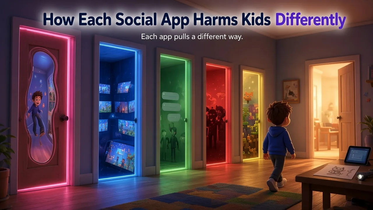 A child walking a hallway of five glowing doorways, each pulling a different way, toward a sunlit room