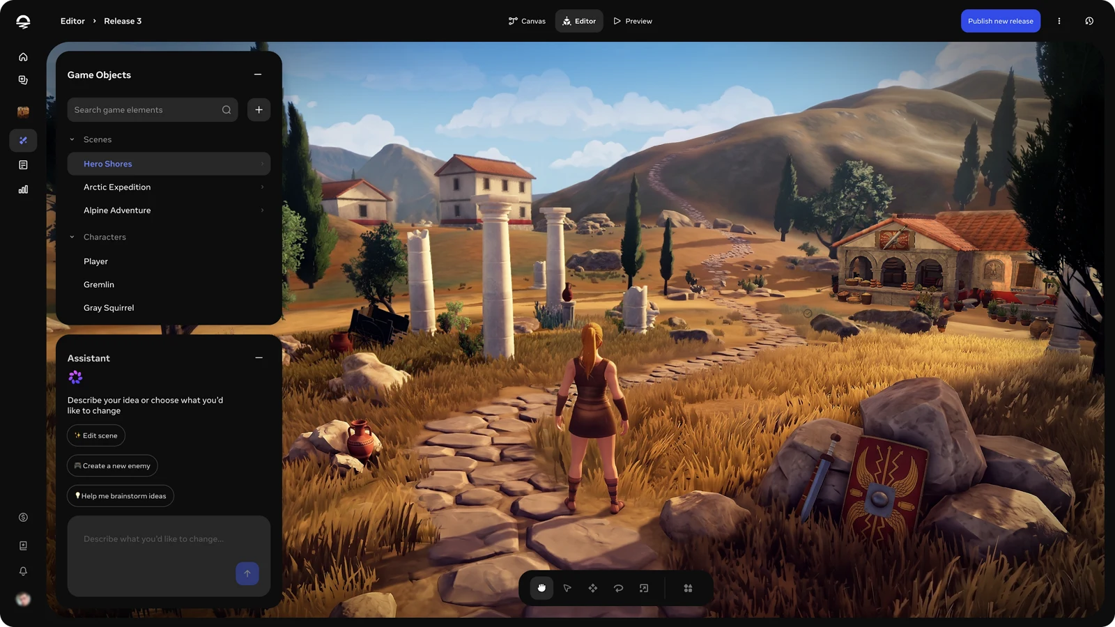Meta Horizon Studio with a 3D scene and editing controls
