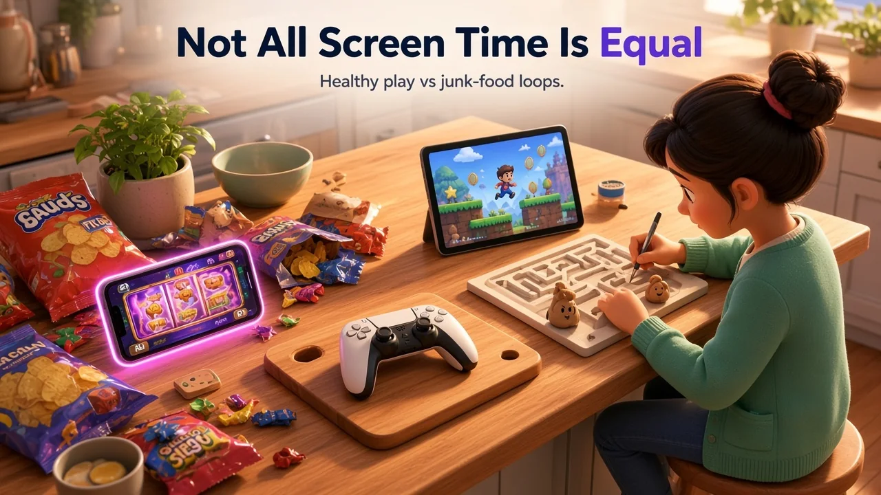 A girl at a kitchen island drawing a maze, with junk-food snacks and a slot-machine phone on the other side