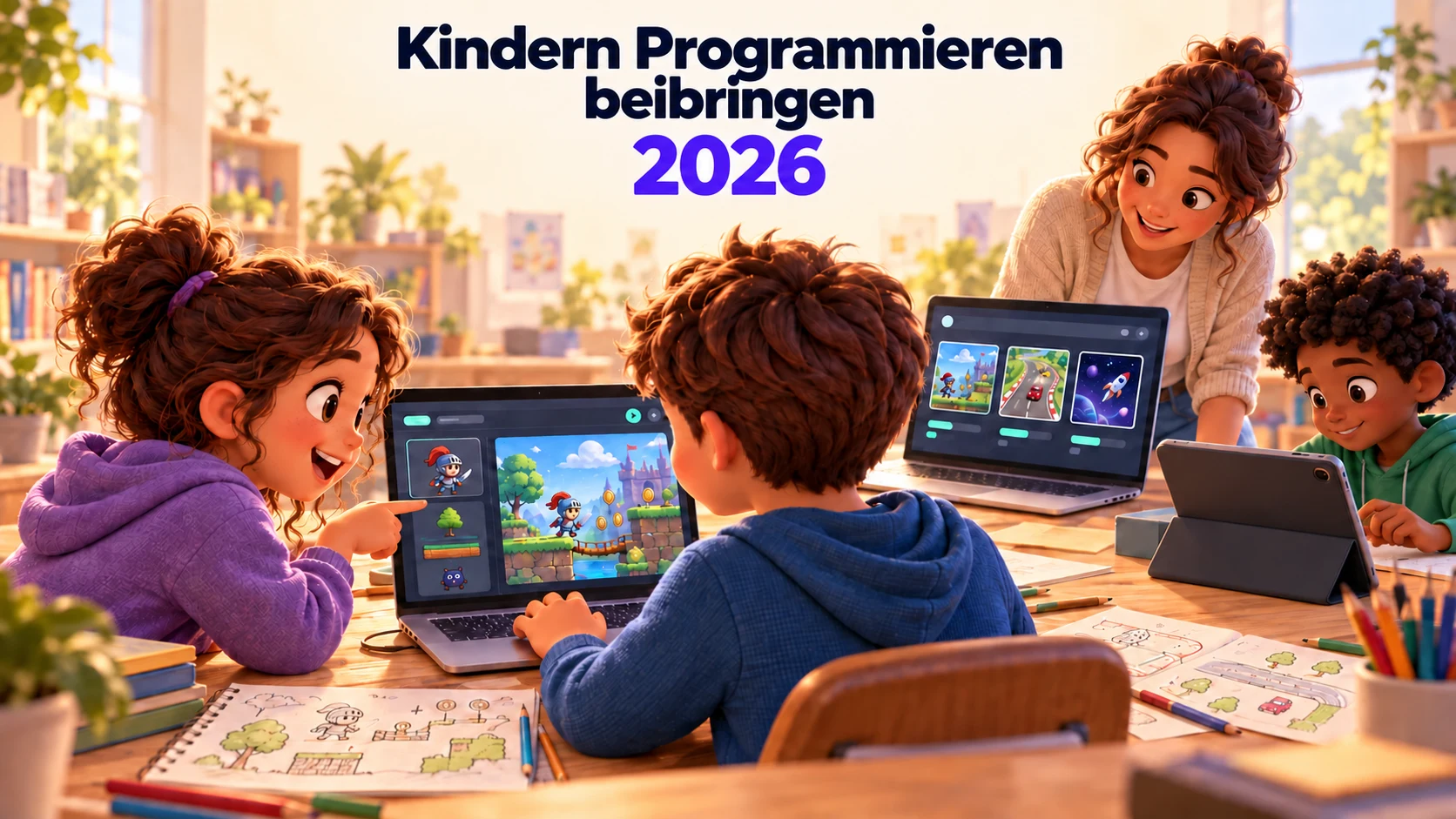 Kinder entwickeln Spiele an einem Laptop und einem iPad, während ihre Lehrerin die Projekte auf einer Klassenübersicht verfolgt