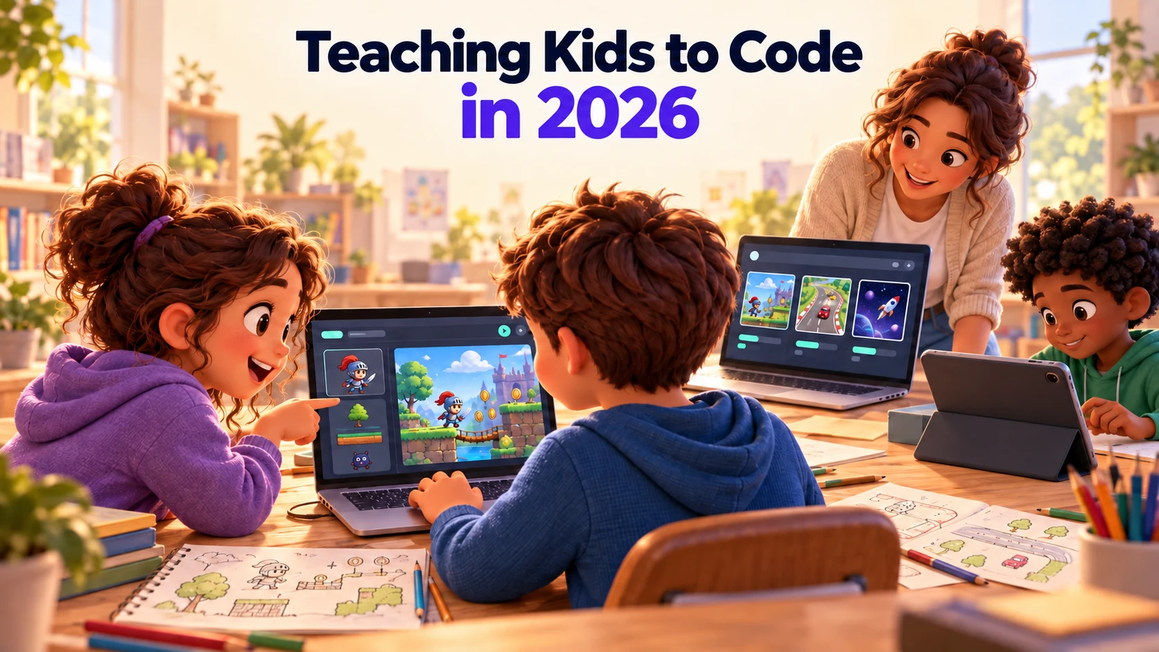 Students creating games on a laptop and iPad with their teacher.