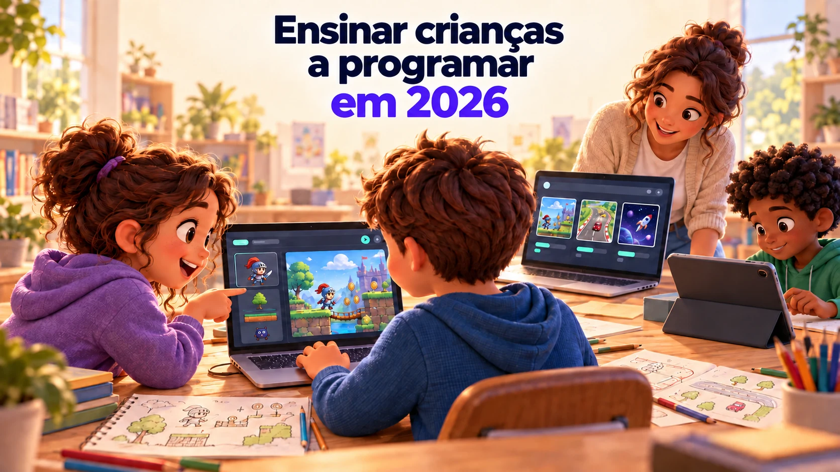 Crianças criando jogos em um notebook e um iPad enquanto a professora acompanha os projetos no painel da turma