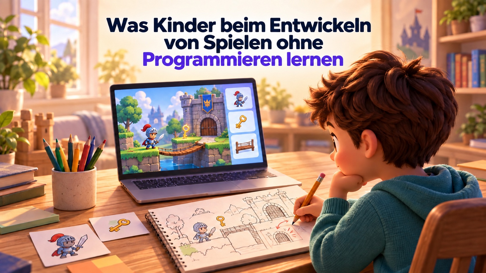 Ein Kind überarbeitet die Skizze eines Burgspiels neben einem Laptop mit der spielbaren Welt