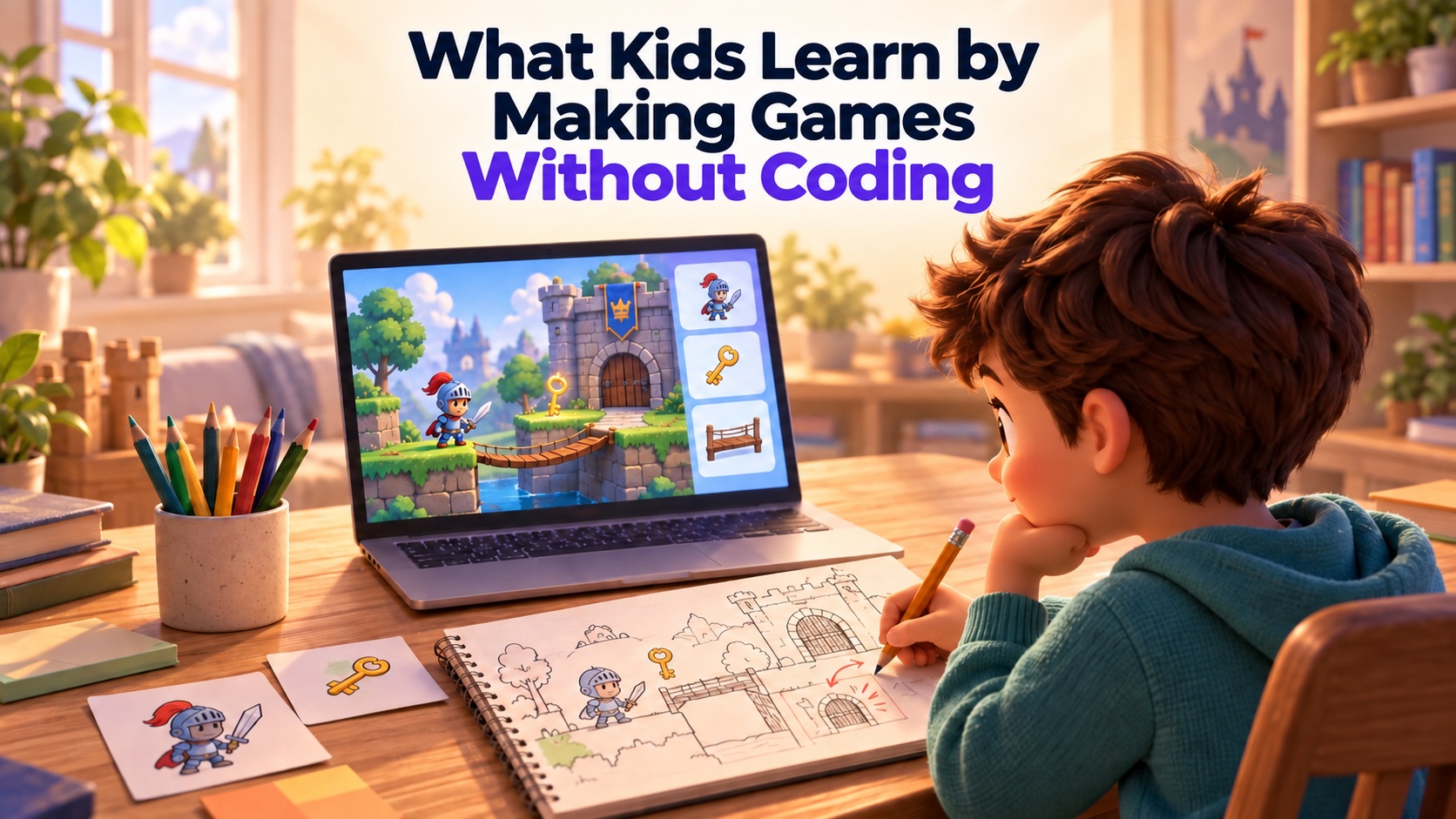 Illustration of a child refining a castle-game sketch beside a laptop showing the playable world