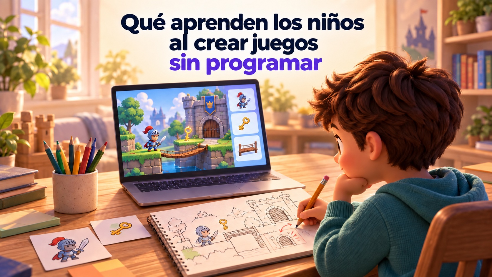Un niño mejora el boceto de un juego de castillos junto a un portátil que muestra el mundo jugable