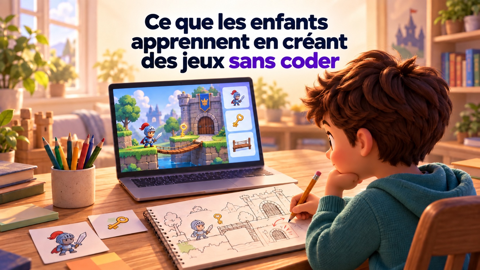 Un enfant affine le croquis d’un jeu de château à côté d’un ordinateur montrant le monde jouable