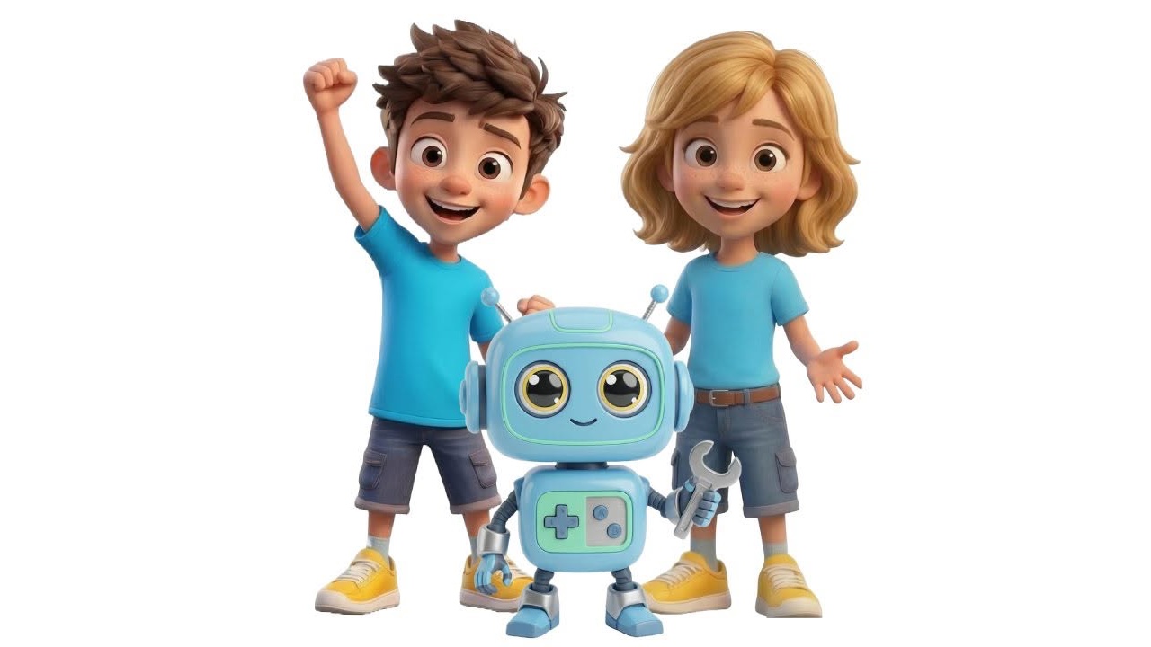 Two kids and a friendly robot celebrating creating together