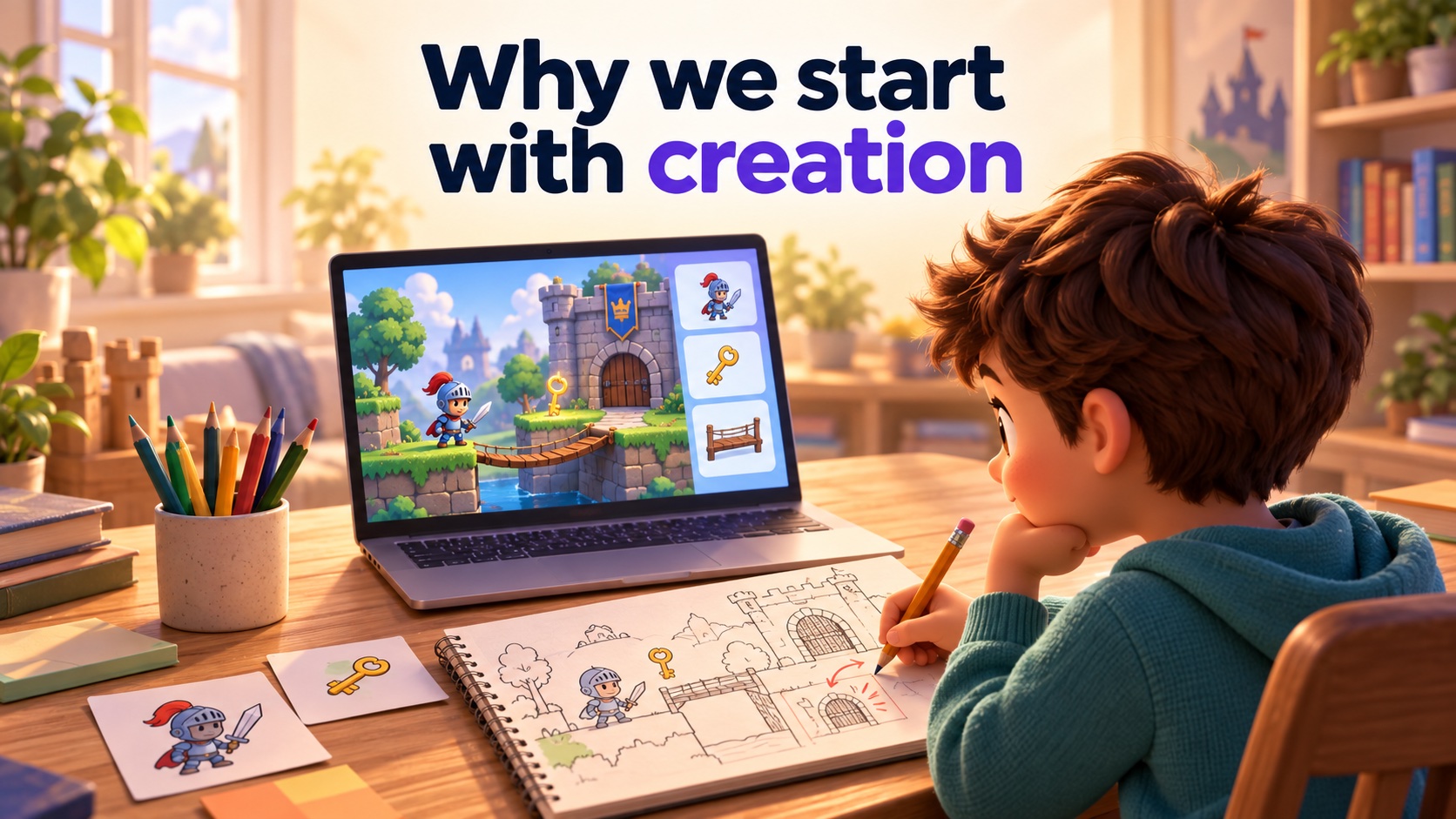 Illustration of a child refining a castle-game sketch beside a laptop showing the playable world