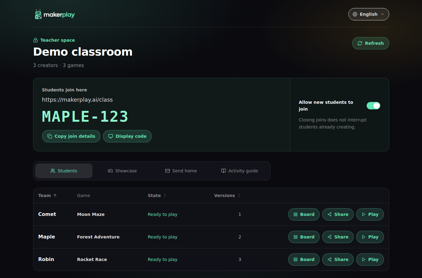 Espace enseignant Makerplay avec code de classe, onglets élèves, présentation des jeux, envoi à la maison et guide, et trois projets avec leurs versions et boutons d’accès.
