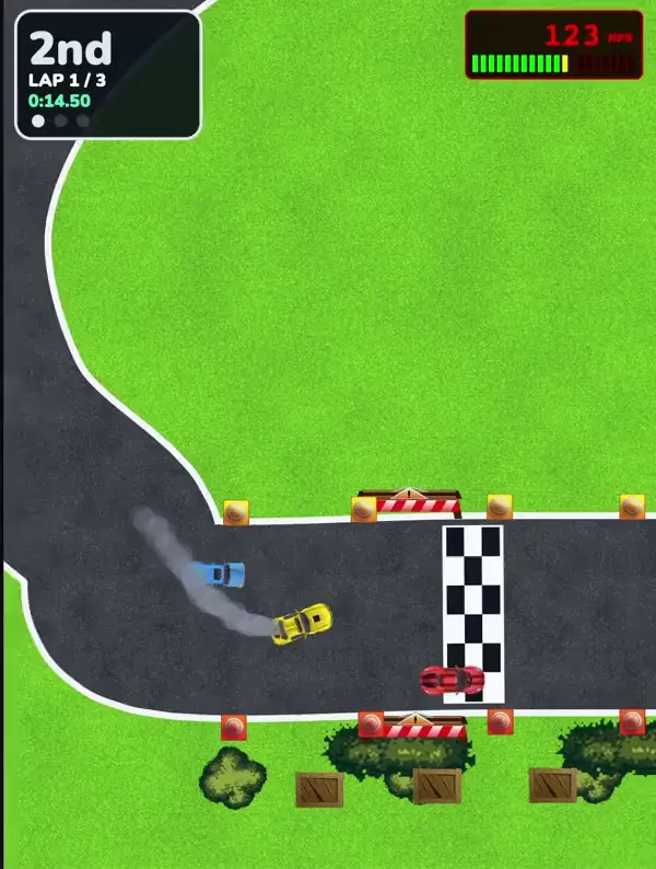 Sunny Circuit, un jeu de course Makerplay avec trois voitures dans un virage, un compteur de tours et un indicateur de vitesse.